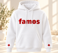 Unisex-Hoodie „famos“ – Weiß mit rotem glänzenden 3D Schriftzug