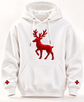 Unisex-Hoodie „Rentier“ – Weiß mit rotem glänzenden 3D-Rentier