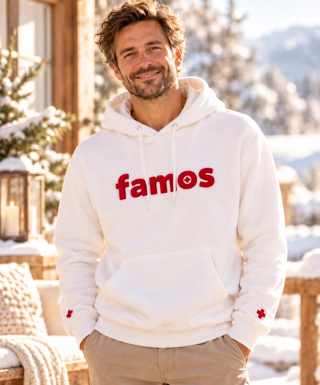 Unisex-Hoodie „famos“ – Weiß mit rotem glänzenden 3D Schriftzug