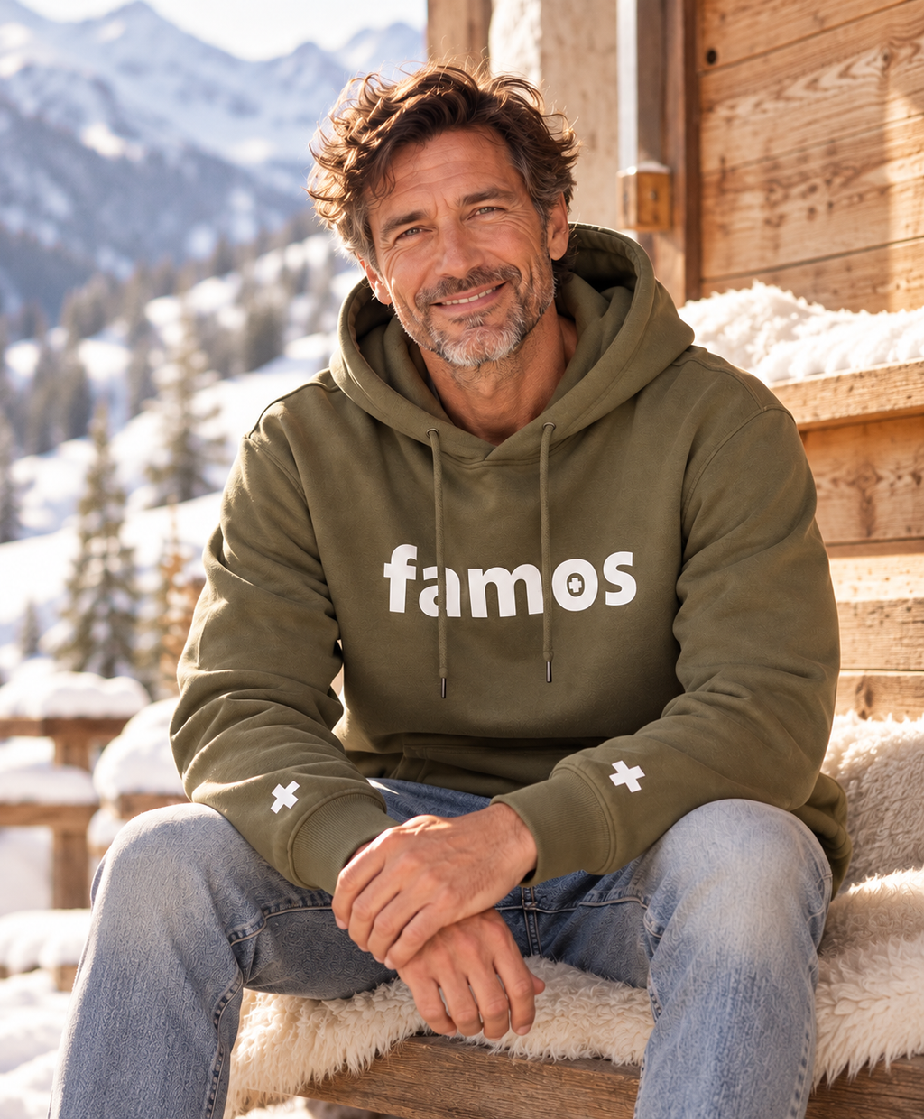 Unisex-Hoodie „famos“ – Olivgrün mit weißer Flockfolie