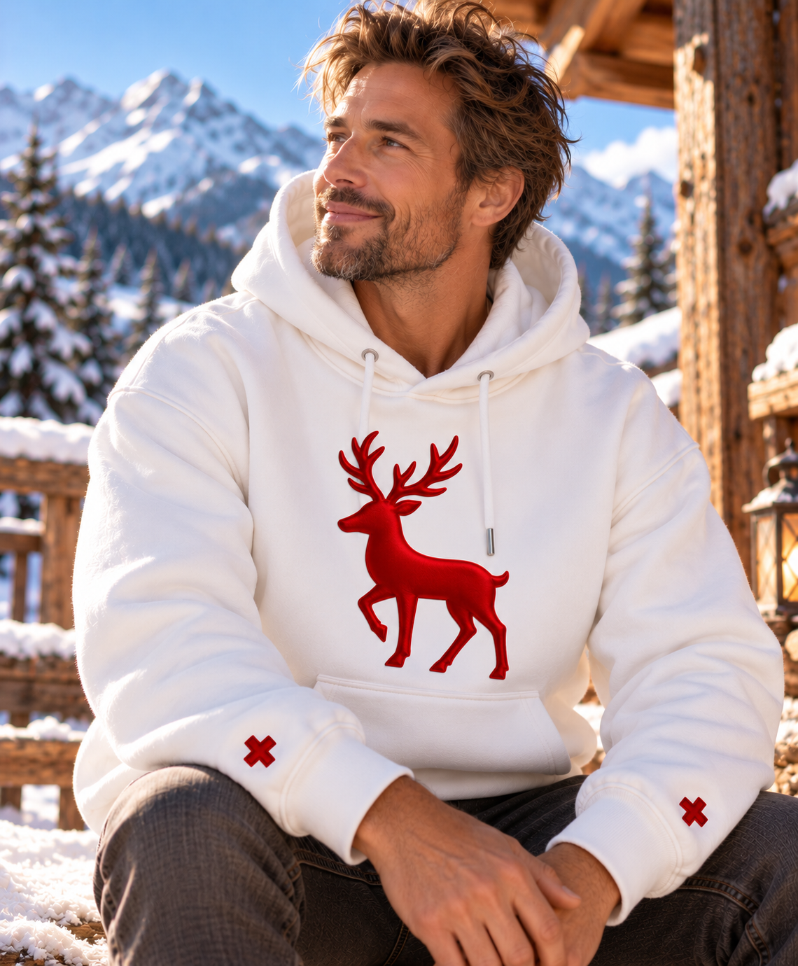 Unisex-Hoodie „Rentier“ – Weiß mit rotem glänzenden 3D-Rentier