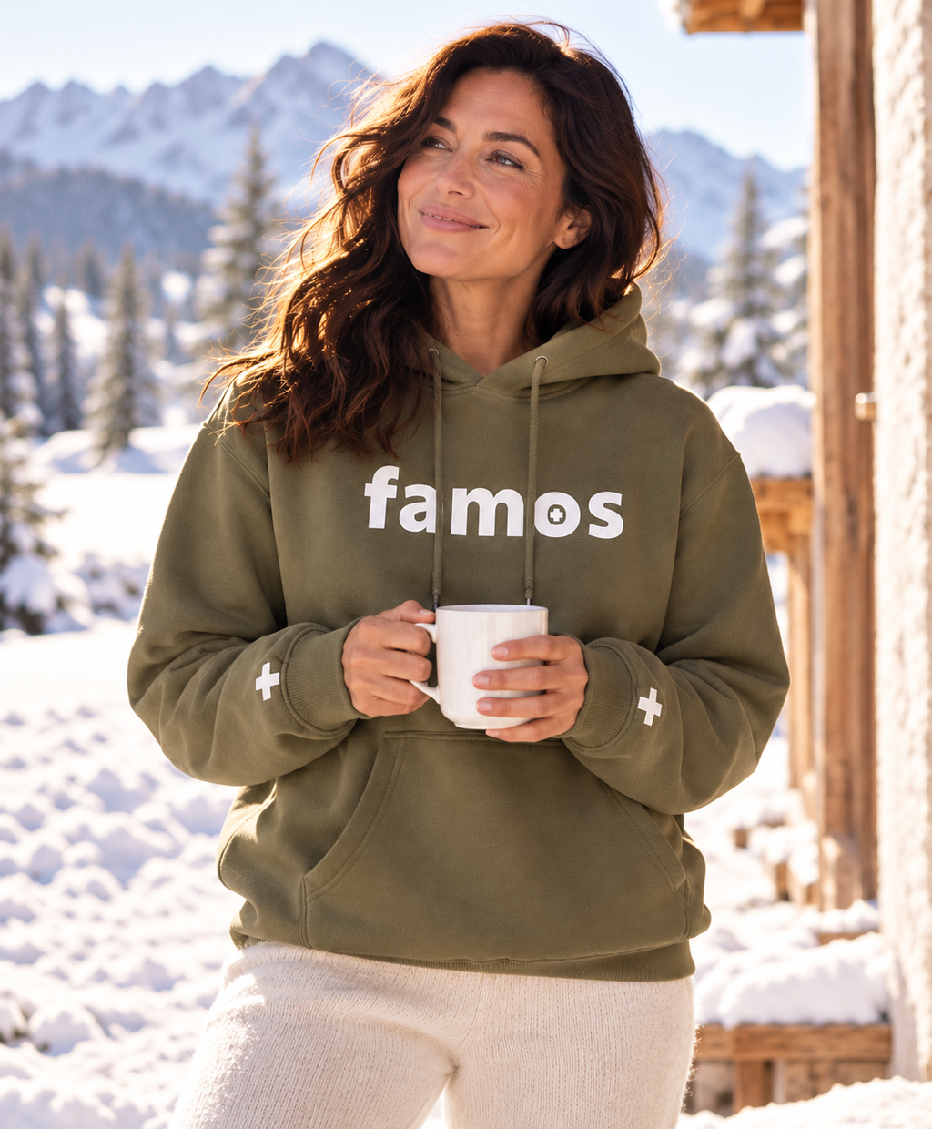 Unisex-Hoodie „famos“ – Olivgrün mit weißer Flockfolie