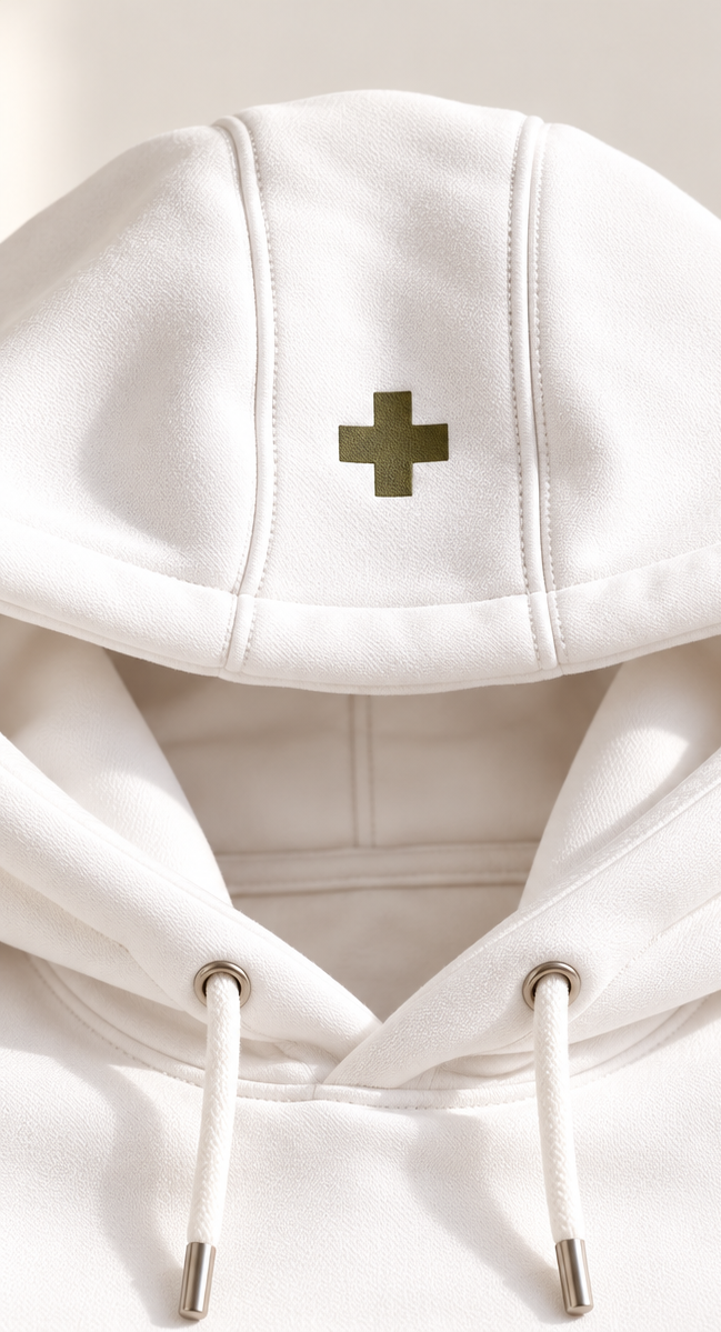 Detail Kapuze – weißer famos Hoodie mit olivgrünem Kreuz