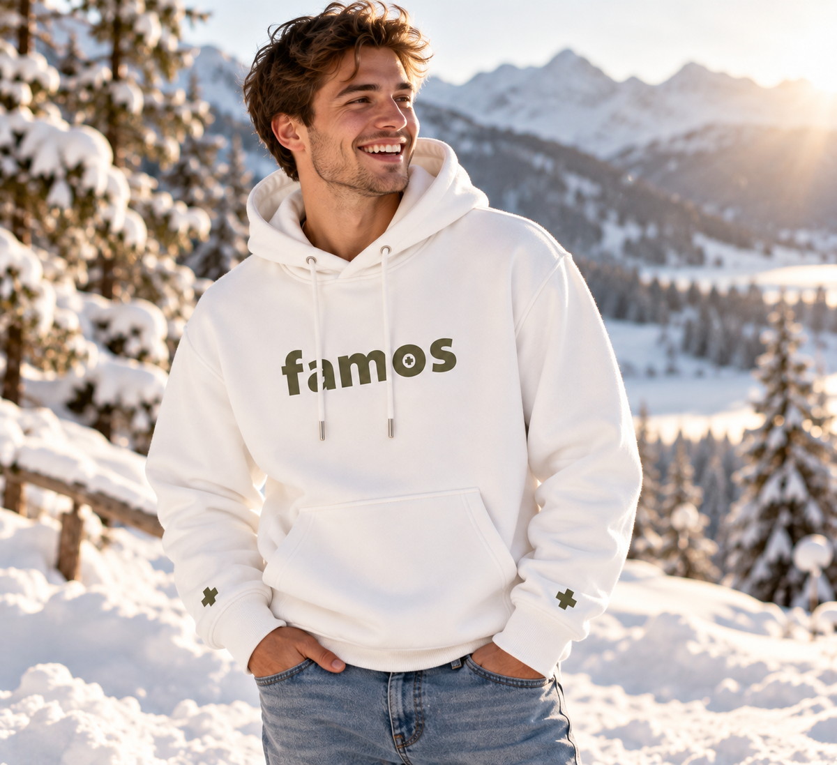 Junger Mann mit Jeans im Schnee im weißen famos Hoodie mit olivgrünem Schriftzug